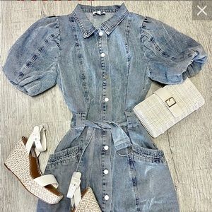 Boutique puffed sleeve soft denim dress with belted waist and snap closure